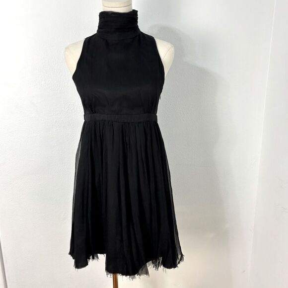 ZARA BASIC Womens Sz M Midi Dress Black 100% Silk Mock Neck Sleeveless Cocktail - Picture 1 of 12